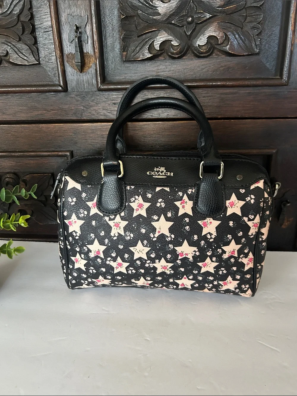 Coach Black Star-Print Mini Satchel with Pink Accents